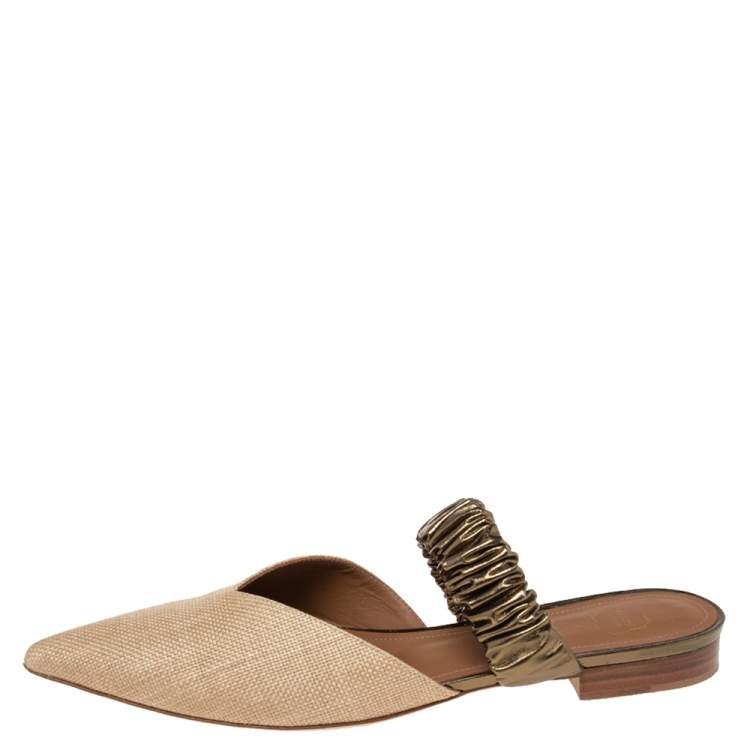 Pre Owned Malone Souliers Beige Raffia Maisie Pointed-Toe Flats Size 39.5