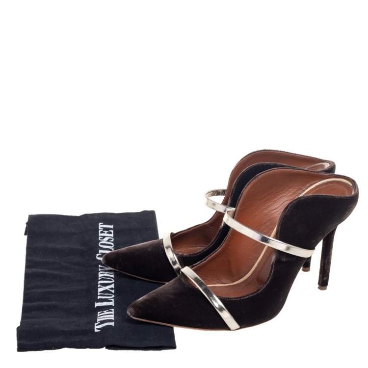 مملوكة مسبقًا Malone Souliers Brown/Gold Velvet And Leather Maureen Mules Size 39