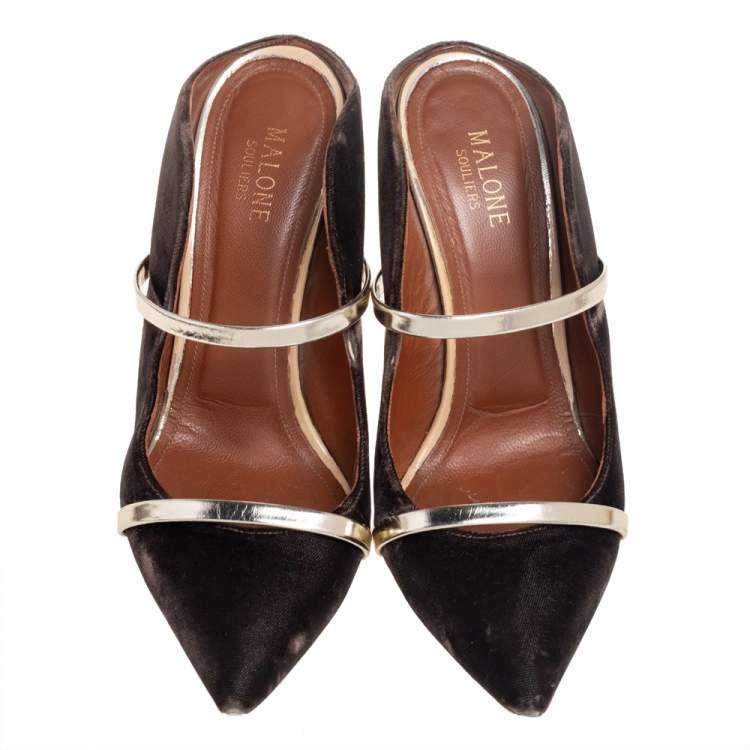 مملوكة مسبقًا Malone Souliers Brown/Gold Velvet And Leather Maureen Mules Size 39