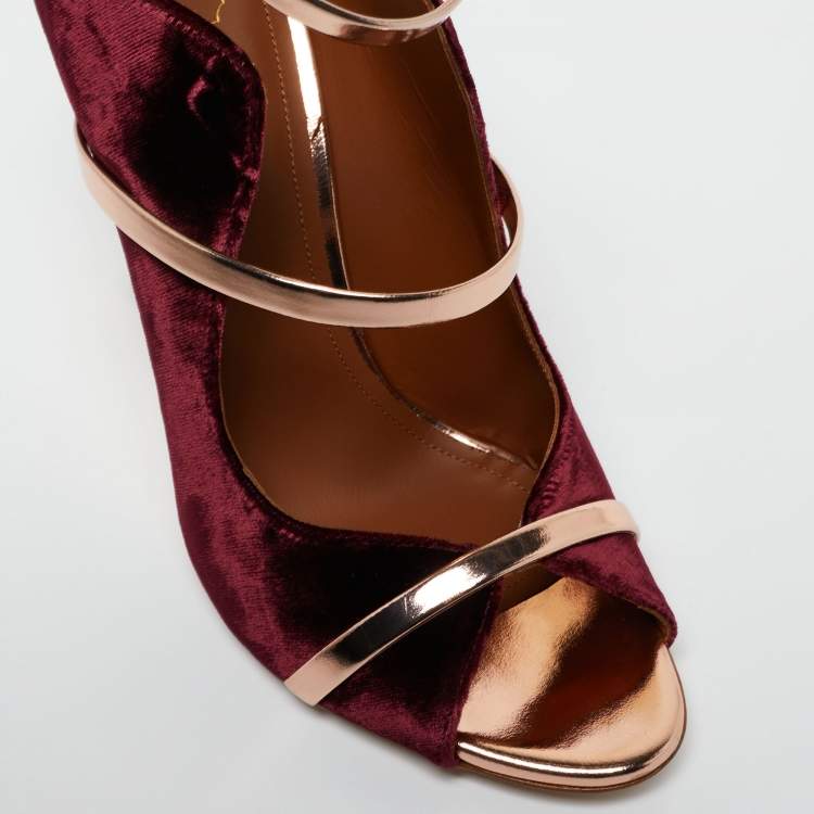 مملوكة مسبقًا Malone Souliers Burgundy/Metallic Rose Gold Velvet and Leather Mika Sandals Size 39