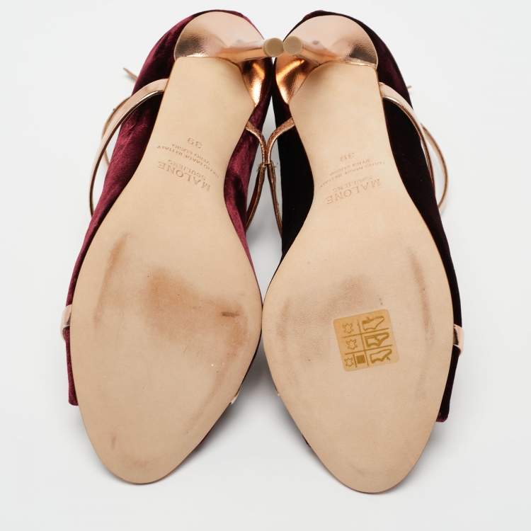 مملوكة مسبقًا Malone Souliers Burgundy/Metallic Rose Gold Velvet and Leather Mika Sandals Size 39