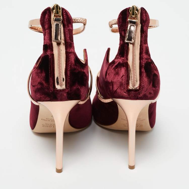 مملوكة مسبقًا Malone Souliers Burgundy/Metallic Rose Gold Velvet and Leather Mika Sandals Size 39