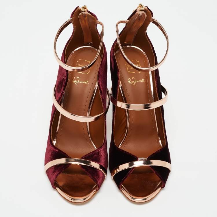 مملوكة مسبقًا Malone Souliers Burgundy/Metallic Rose Gold Velvet and Leather Mika Sandals Size 39