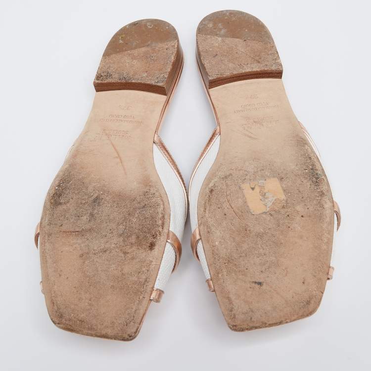 Pre Owned Malone Souliers White/Rose Gold Straw and Leather Flats Size 37.5