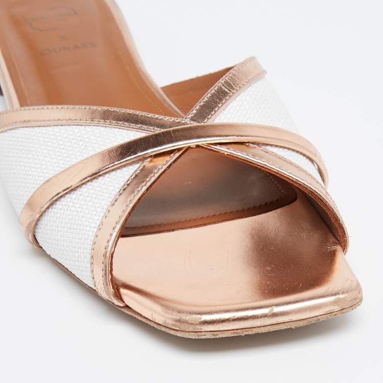 Pre Owned Malone Souliers White/Rose Gold Straw and Leather Flats Size 37.5