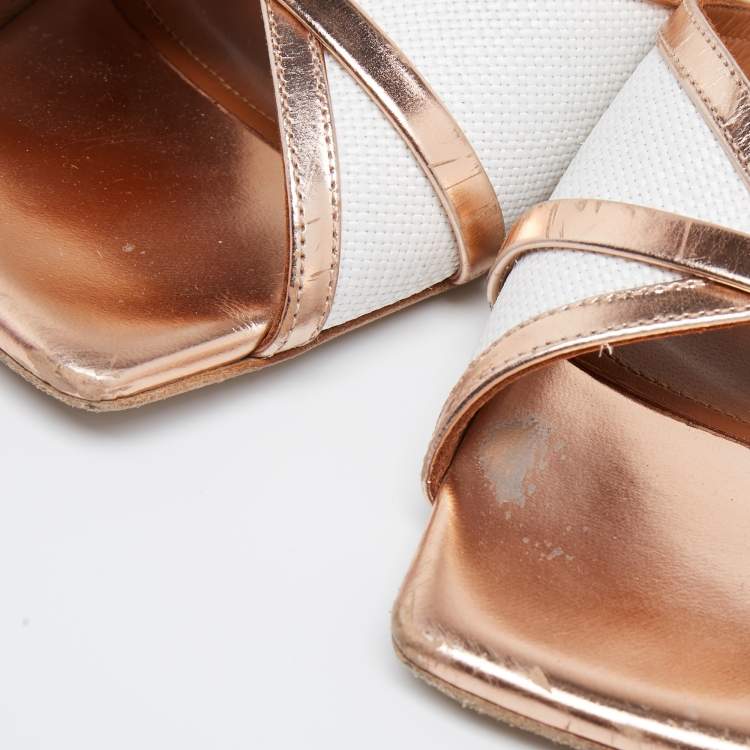 Pre Owned Malone Souliers White/Rose Gold Straw and Leather Flats Size 37.5