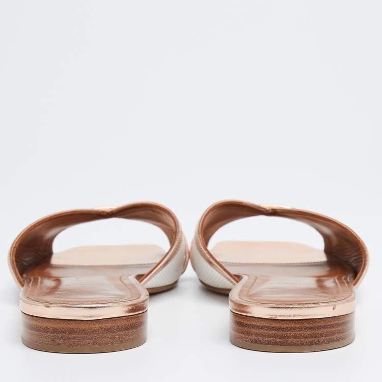 Pre Owned Malone Souliers White/Rose Gold Straw and Leather Flats Size 37.5