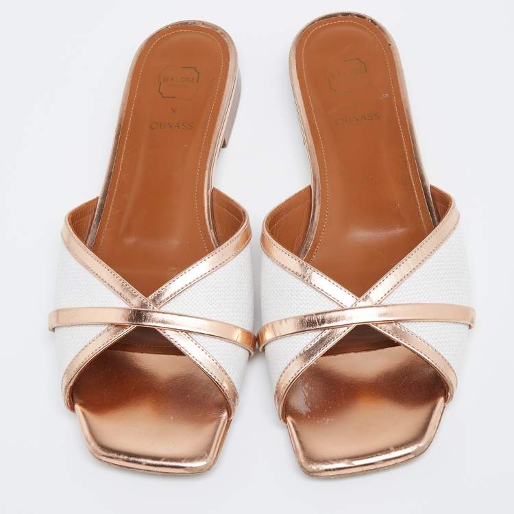 Pre Owned Malone Souliers White/Rose Gold Straw and Leather Flats Size 37.5