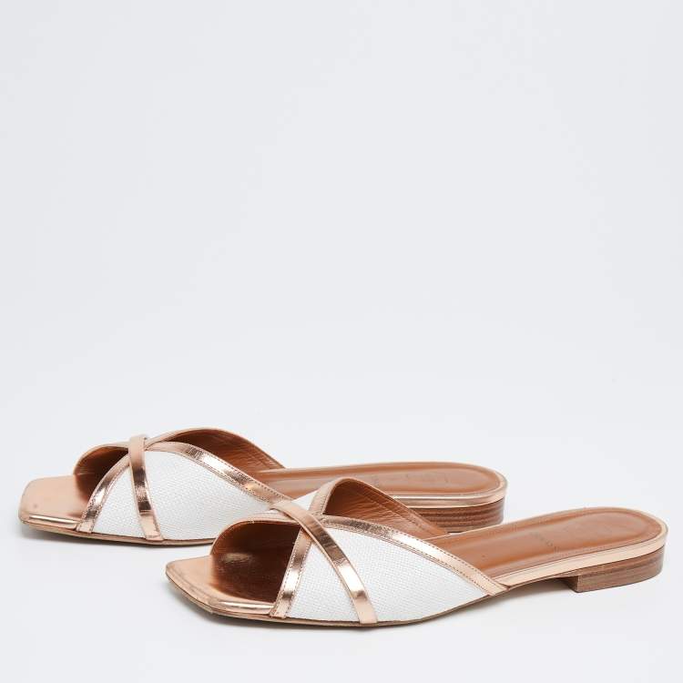 Pre Owned Malone Souliers White/Rose Gold Straw and Leather Flats Size 37.5