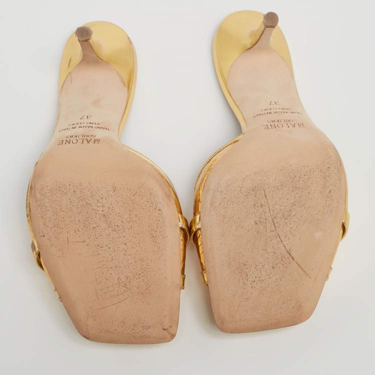 Pre Owned Malone Souliers Gold Leather Perla Slide Sandals Size 37