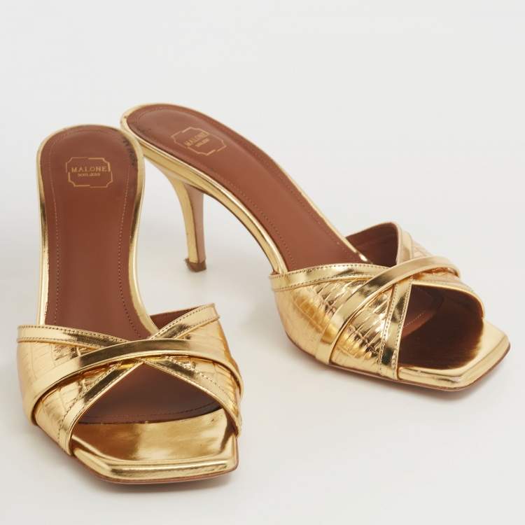 Pre Owned Malone Souliers Gold Leather Perla Slide Sandals Size 37