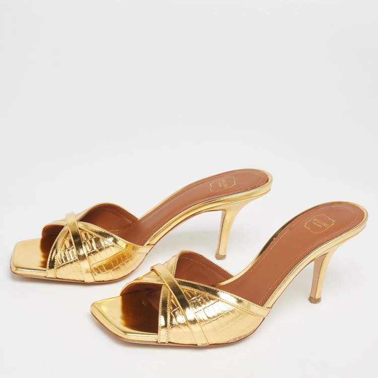Pre Owned Malone Souliers Gold Leather Perla Slide Sandals Size 37