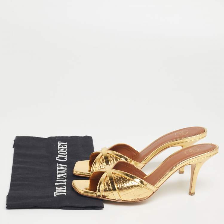 Pre Owned Malone Souliers Gold Leather Perla Slide Sandals Size 37
