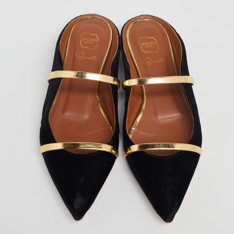 Pre Owned Malone Souliers Black/Gold Velvet and Leather Maureen Flats Size 36.5