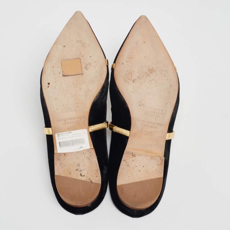 Pre Owned Malone Souliers Black/Gold Velvet and Leather Maureen Flats Size 36.5