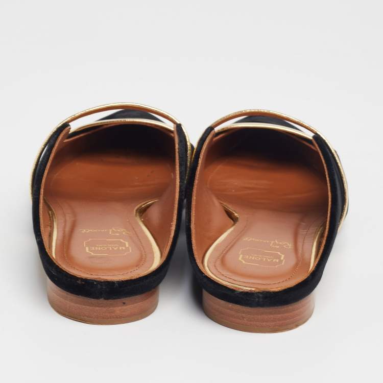 Pre Owned Malone Souliers Black/Gold Velvet and Leather Maureen Flats Size 36.5