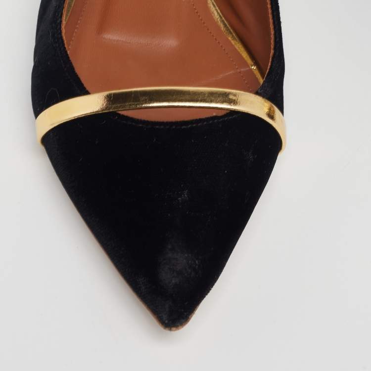 Pre Owned Malone Souliers Black/Gold Velvet and Leather Maureen Flats Size 36.5