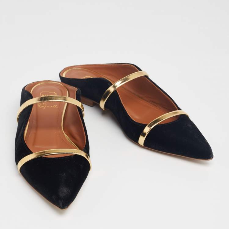 Pre Owned Malone Souliers Black/Gold Velvet and Leather Maureen Flats Size 36.5