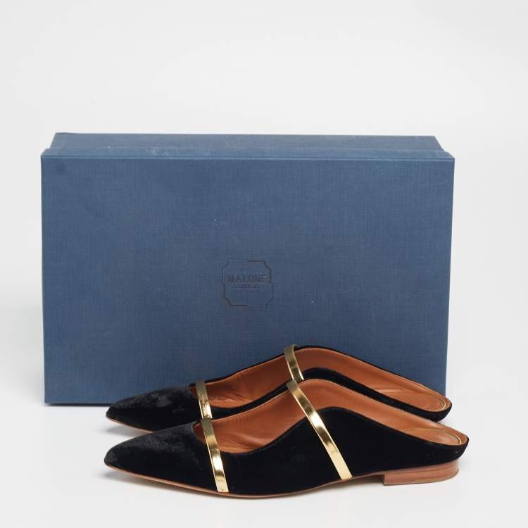 Pre Owned Malone Souliers Black/Gold Velvet and Leather Maureen Flats Size 36.5
