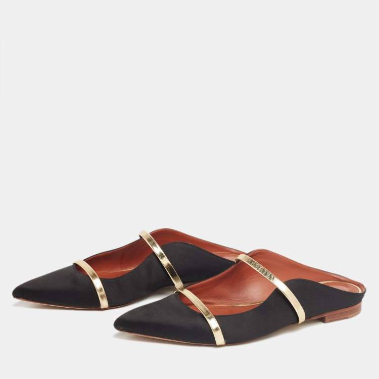 Pre Owned Malone Souliers Black/Gold Satin and Leather Maureen Pointed-Toe Flats Size 40