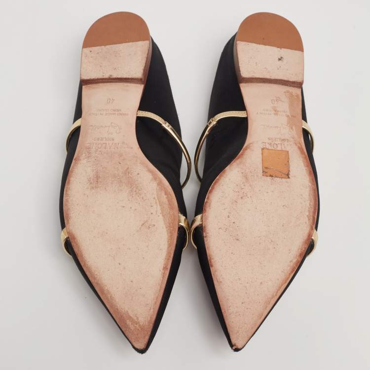 Pre Owned Malone Souliers Black/Gold Satin and Leather Maureen Pointed-Toe Flats Size 40