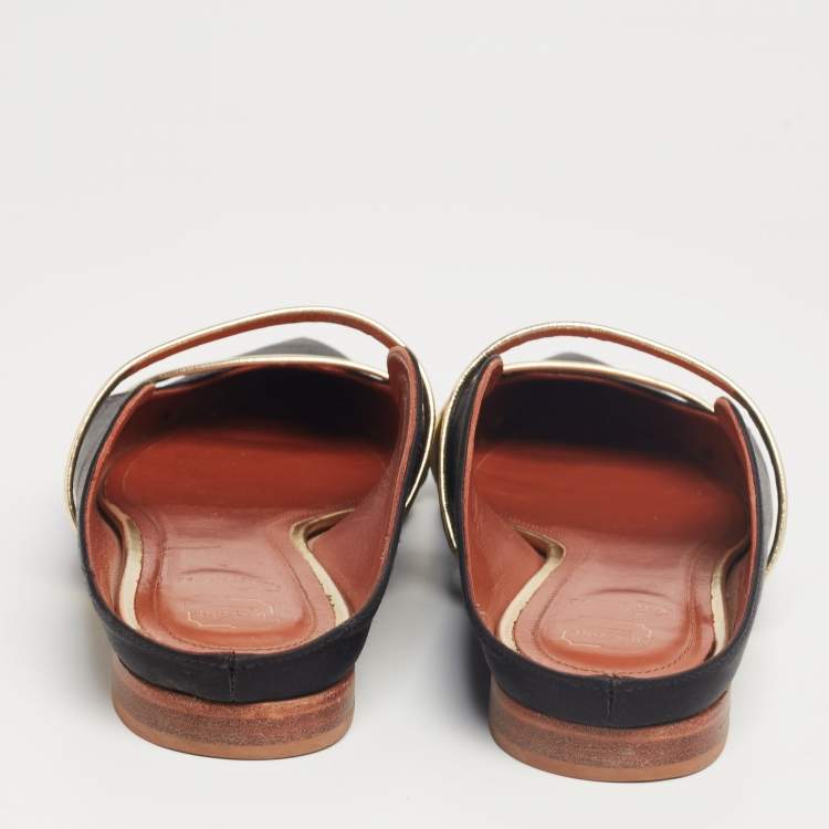 Pre Owned Malone Souliers Black/Gold Satin and Leather Maureen Pointed-Toe Flats Size 40
