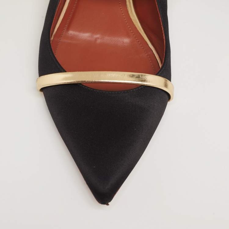 Pre Owned Malone Souliers Black/Gold Satin and Leather Maureen Pointed-Toe Flats Size 40