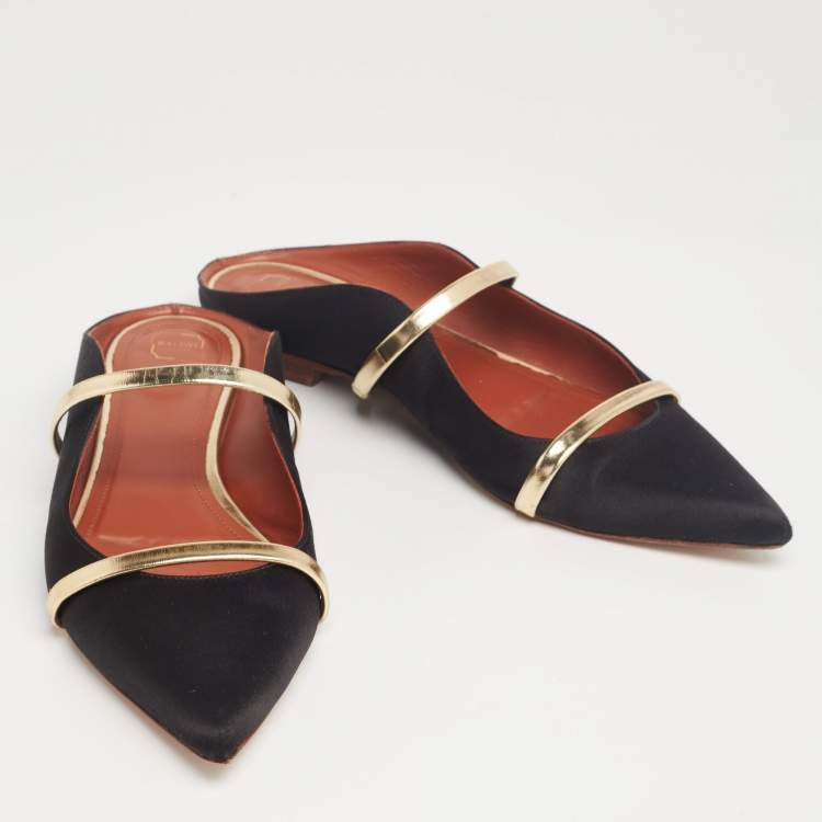 Pre Owned Malone Souliers Black/Gold Satin and Leather Maureen Pointed-Toe Flats Size 40