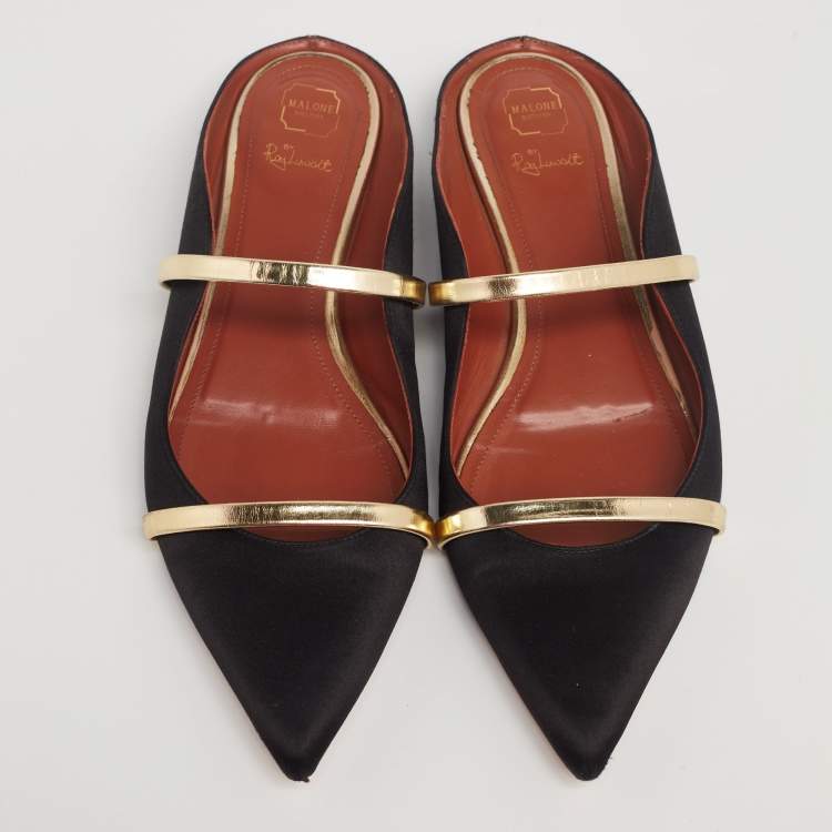 Pre Owned Malone Souliers Black/Gold Satin and Leather Maureen Pointed-Toe Flats Size 40