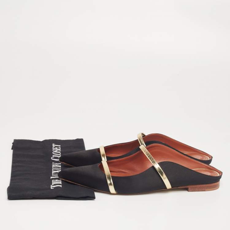 Pre Owned Malone Souliers Black/Gold Satin and Leather Maureen Pointed-Toe Flats Size 40