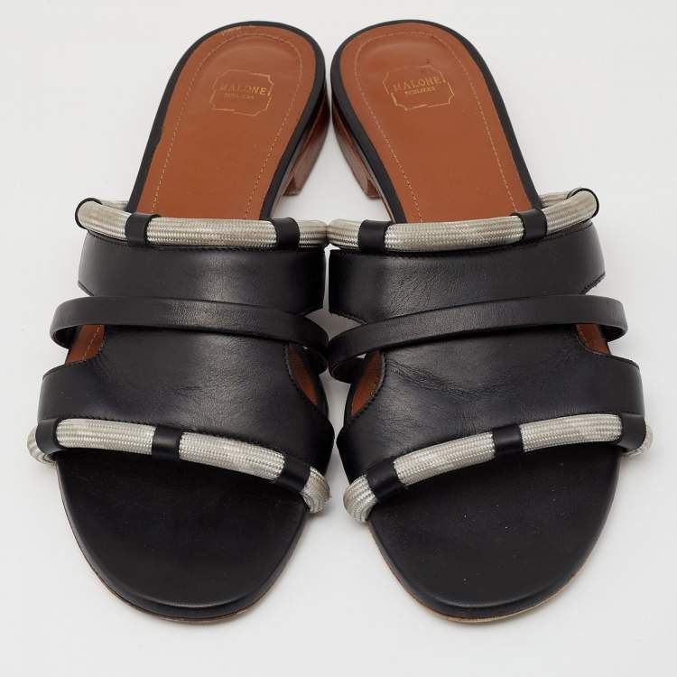 Pre Owned Malone Souliers Black/Grey Leather And Fabric Cut Out Flat Sandals Size 38
