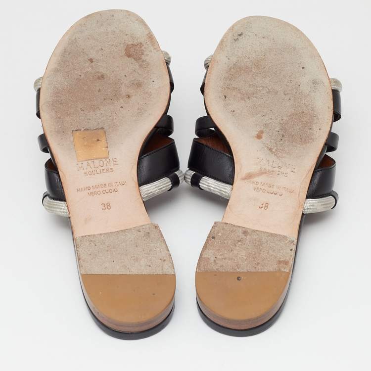 Pre Owned Malone Souliers Black/Grey Leather And Fabric Cut Out Flat Sandals Size 38