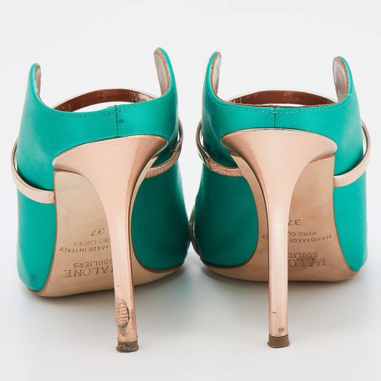 Pre Owned Malone Souliers Green/Rose Gold Satin And Leather Maureen Pointed Toe Mules Size 37