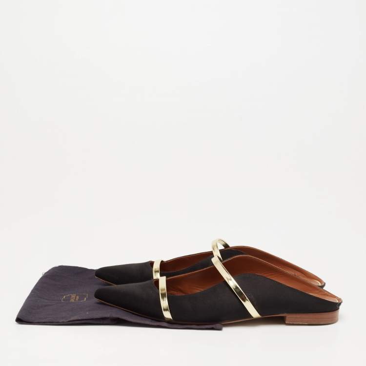 Pre Owned Malone Souliers Black/Gold Satin and Leather Maureen Flat Mules Size 40.5