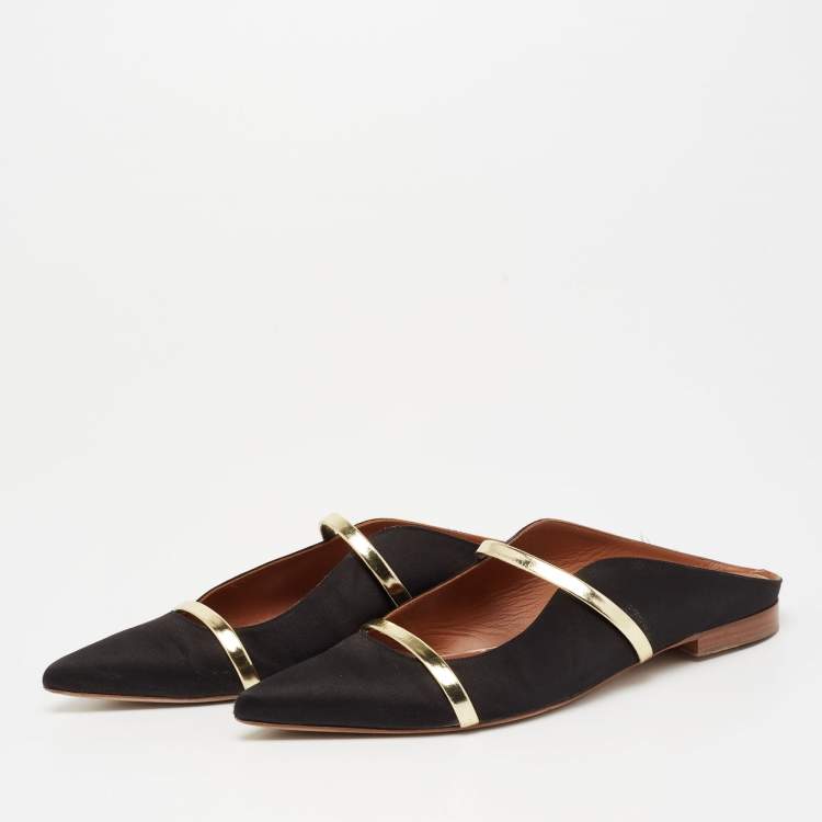 Pre Owned Malone Souliers Black/Gold Satin and Leather Maureen Flat Mules Size 40.5