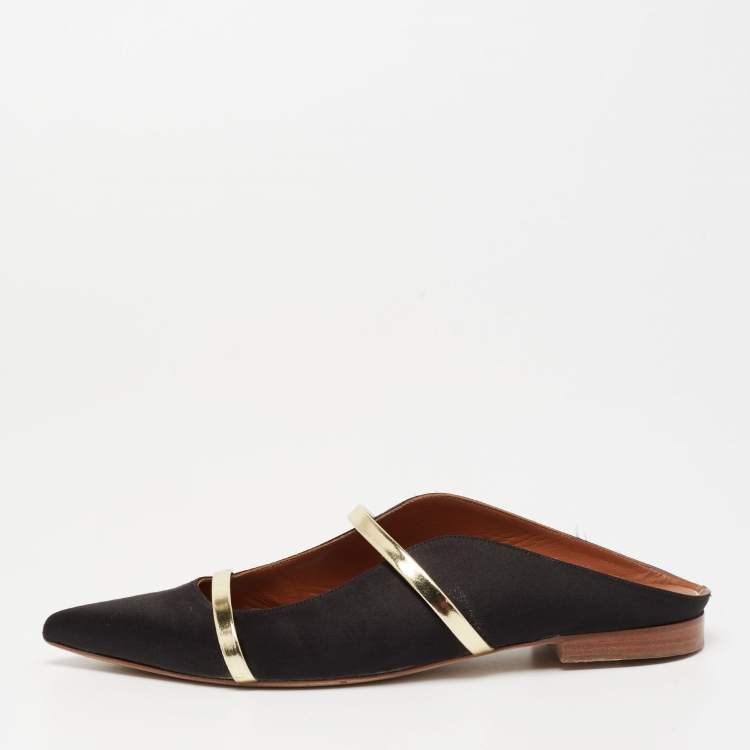 Pre Owned Malone Souliers Black/Gold Satin and Leather Maureen Flat Mules Size 40.5