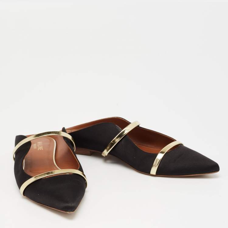 Pre Owned Malone Souliers Black/Gold Satin and Leather Maureen Flat Mules Size 40.5