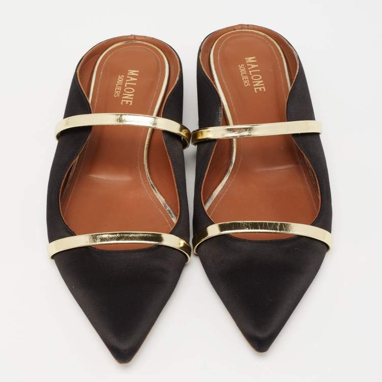 Pre Owned Malone Souliers Black/Gold Satin and Leather Maureen Flat Mules Size 40.5
