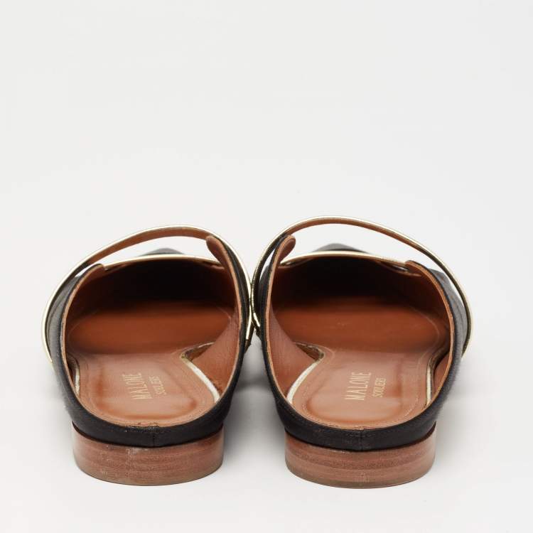 Pre Owned Malone Souliers Black/Gold Satin and Leather Maureen Flat Mules Size 40.5