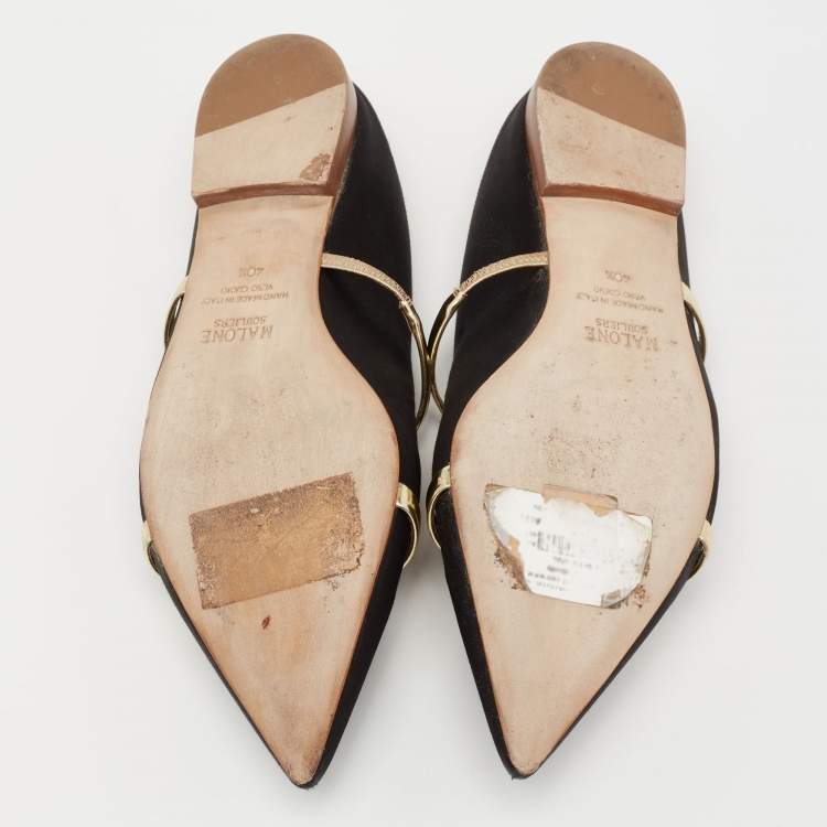 Pre Owned Malone Souliers Black/Gold Satin and Leather Maureen Flat Mules Size 40.5