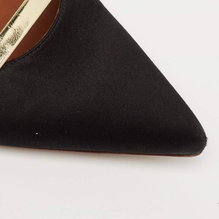 Pre Owned Malone Souliers Black/Gold Satin and Leather Maureen Flat Mules Size 40.5