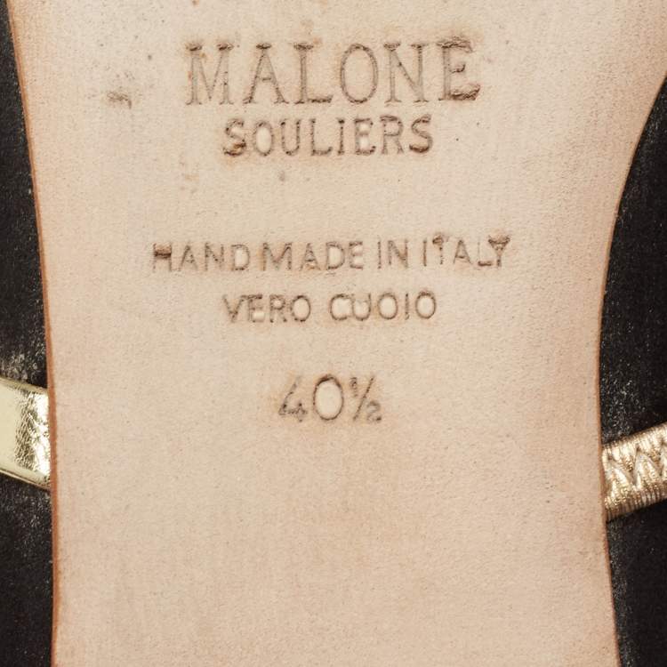 Pre Owned Malone Souliers Black/Gold Satin and Leather Maureen Flat Mules Size 40.5