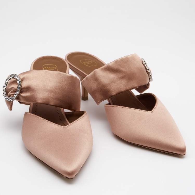 Pre Owned Malone Souliers Brown Satin Maite 45 Crystal Embellished Mules Size 39