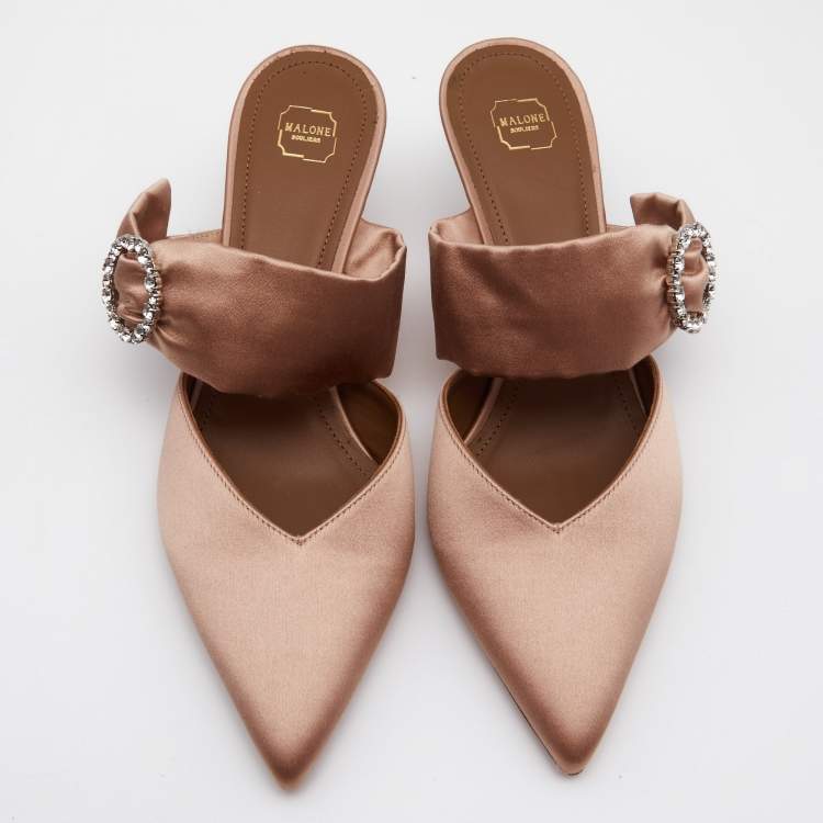 Pre Owned Malone Souliers Brown Satin Maite 45 Crystal Embellished Mules Size 39