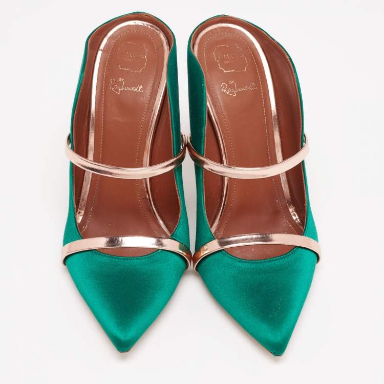 Pre Owned Malone Souliers Green/Rose Gold Satin Maureen Mule  Sandals Size 38