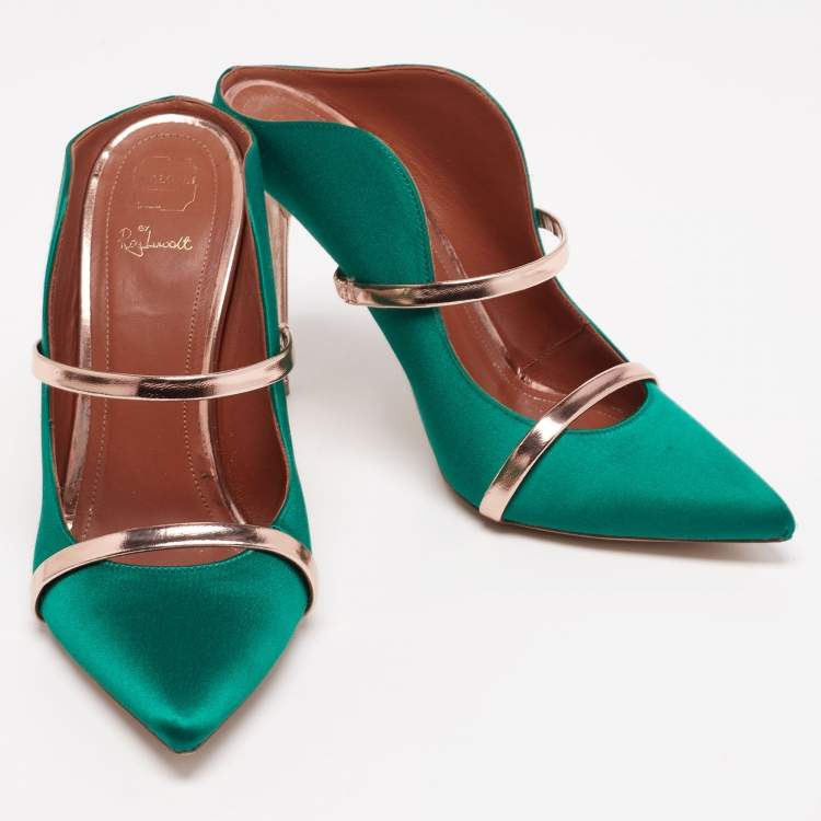 Pre Owned Malone Souliers Green/Rose Gold Satin Maureen Mule  Sandals Size 38