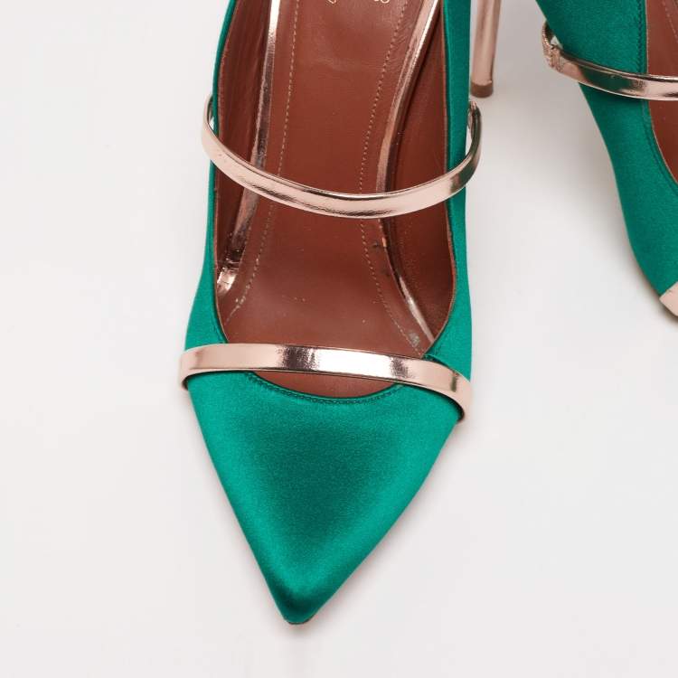 Pre Owned Malone Souliers Green/Rose Gold Satin Maureen Mule  Sandals Size 38