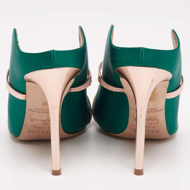 Pre Owned Malone Souliers Green/Rose Gold Satin Maureen Mule  Sandals Size 38