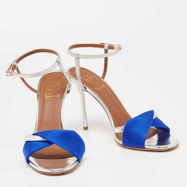 مملوكة مسبقًا Malone Souliers Silver/Blue Foil Leather And Canvas Ankle Strap Sandals Size 37.5
