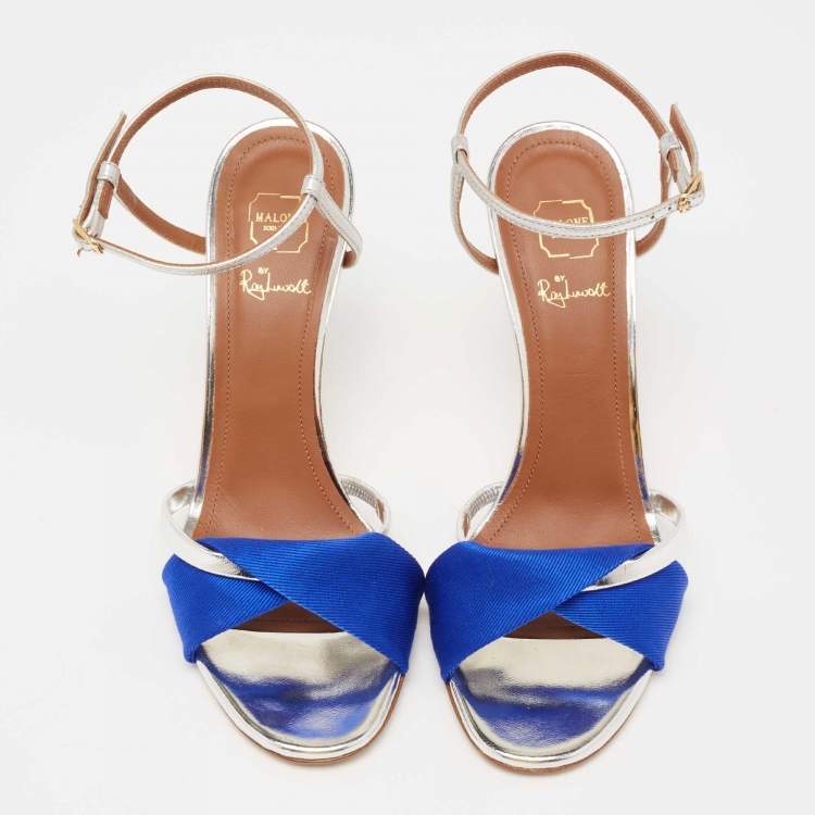 مملوكة مسبقًا Malone Souliers Silver/Blue Foil Leather And Canvas Ankle Strap Sandals Size 37.5